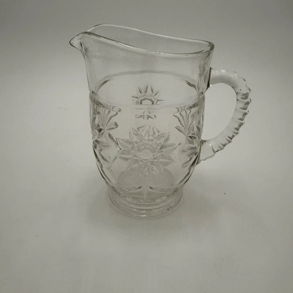 Vintage Starburst Pressed Glass Cruet with Stopper and Creamer Pitcher Set EUC‎